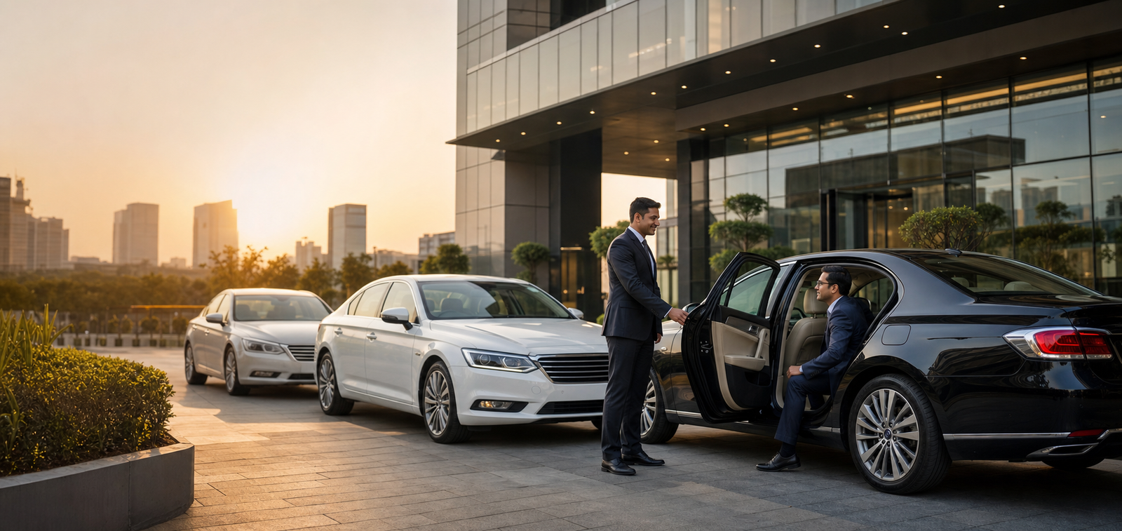 B2B Cabs corporate vehicle and professional chauffeur outside a modern office